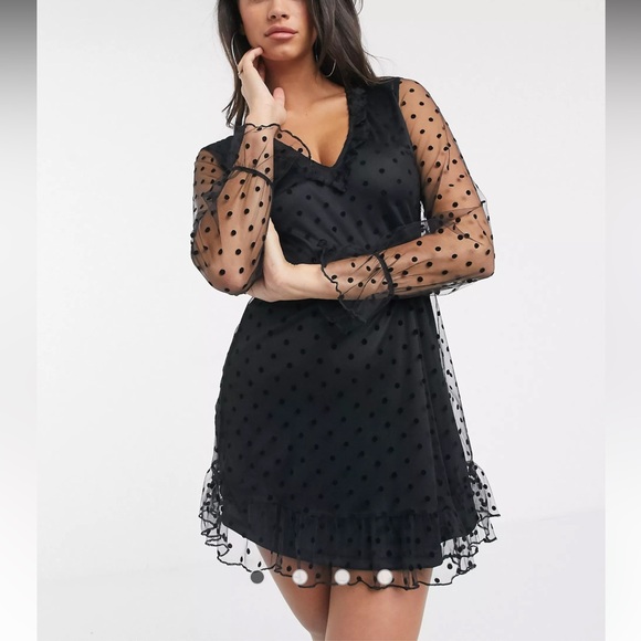 ASOS Parisian V-Neck Ruffle Trim Spot Mesh Mini Dress - Picture 10 of 12